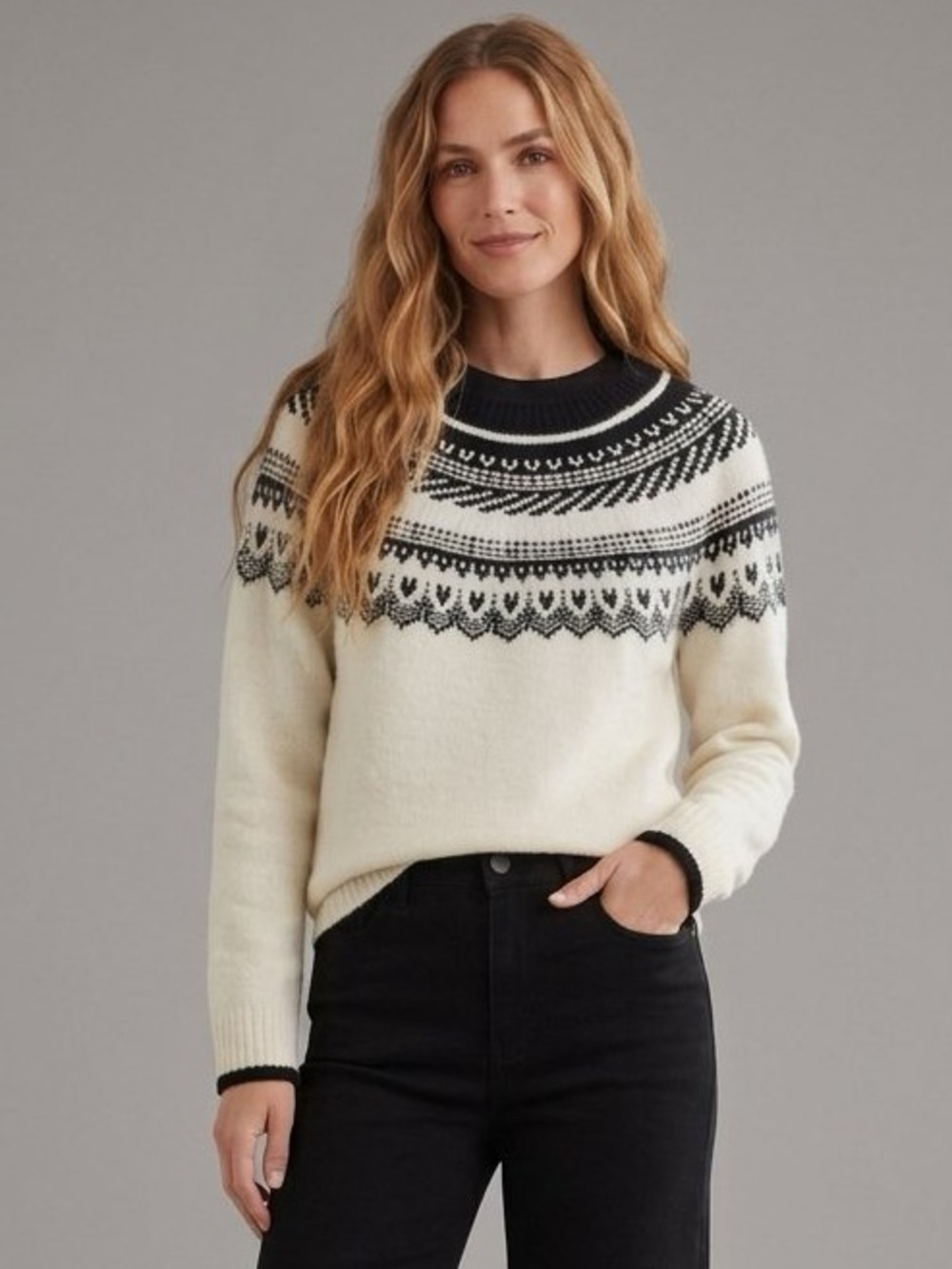 Classic Fair Isle Crewneck Sweater in Ivory & Black Classic Chic NWT